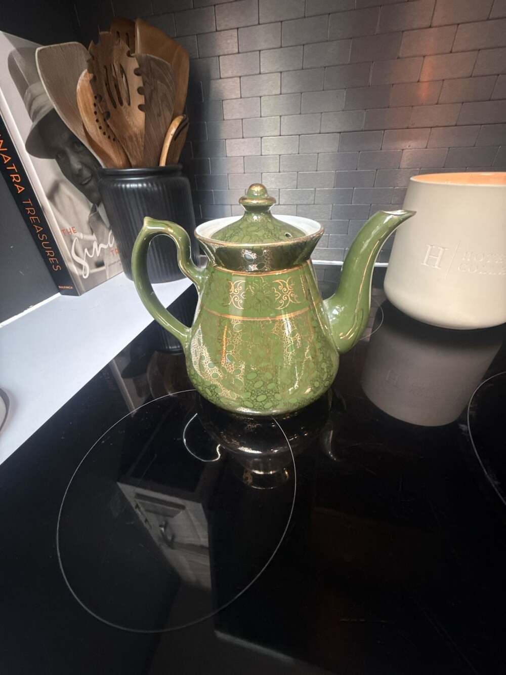 Vintage Hall China Olive Green Teapot with Gold Floral Trim